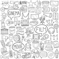 Cinema Film Doodle Icons Sketch Hand Made Design Vector Line Art.	
