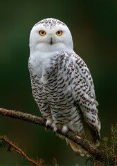 Obraz premium Snowy Owl Perched on a Branch, Looking Directly at the Viewer, Symbolizing Wisdom and Wildlife Conservation Efforts : Generative AI