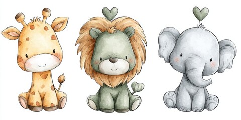 Naklejka premium Adorable Watercolor Safari Animals with Heart Balloons, Representing Children's Education and Playful Imagination, Ideal for Nursery Decor and Baby Shower Invitations : Generative AI