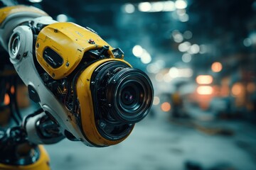 Close-Up of Robotic Arm With Camera Lens, Showcasing Technological Innovation and Cutting-Edge Engineering, Ideal for Robotics Industry Marketing : Generative AI