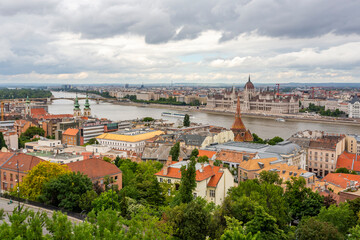 Beautiful view from above of the Danube River and historical buildings of the Budapest city center...