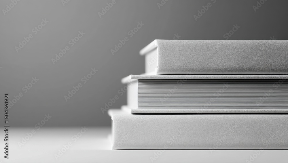 Poster Stack of White Books on a Table Against Gray Background, Representing Education and Knowledge Resources for Lifelong Learning and Self Improvement : Generative AI
