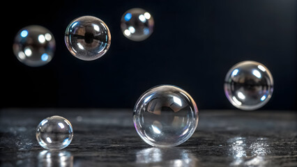 Chrome metallic spheres floating around a blank center on dark background