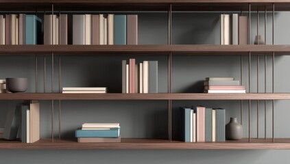Books Arranged on a Modern Wooden Bookshelf, Representing Knowledge, Education, and Interior Design Inspiration for Home Library Decor : Generative AI