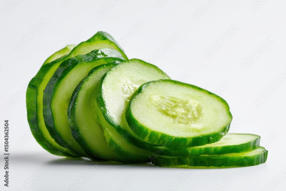 Poster fresh cucumber slices stacked on white surface, representing healthy eating and wellness promotion :