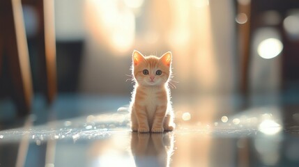 Adorable Orange Kitten Sitting on Reflective Floor in Sunlit Room, 8 august cat day