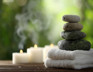Stacked Stones on Towels With Candles in a Spa Setting, Promoting Wellness and Relaxation for Health and Beauty Businesses : Generative AI