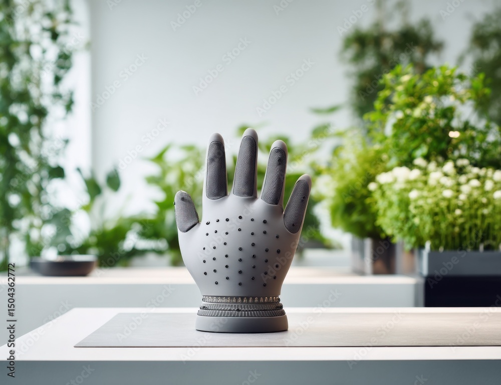 Leinwandbilder robotic hand displayed on a table, surrounded by green plants, symbolizing technological innovation 