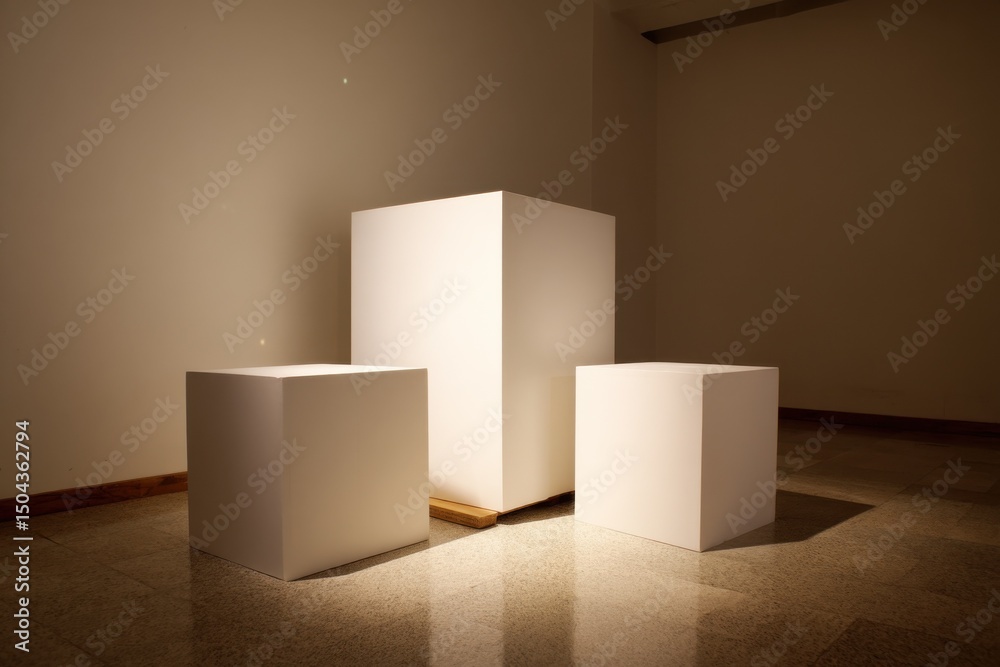 Leinwandbilder Three White Cubes in a Gallery Setting, Ideal for Product Mockups and Creative Presentation, Showcasing Minimalism and Modernity : Generative AI