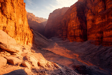 A dramatic canyon carved through arid mountains, its deep orange rock walls glowing under midday sun