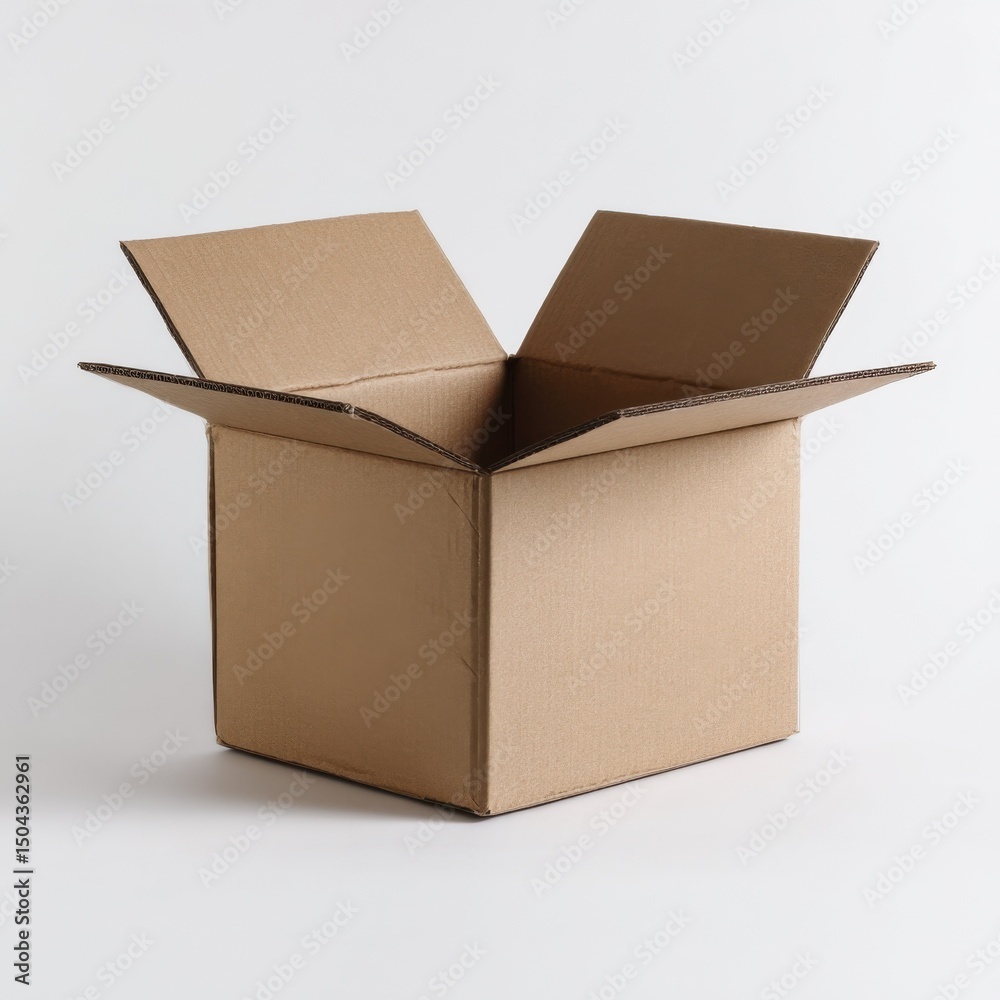 Poster open cardboard box on white background, symbolizing opportunity and unboxing experience, ideal for e