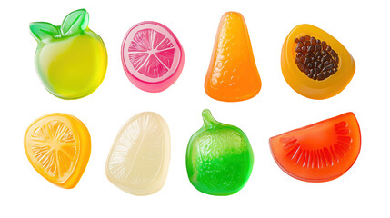  Colorful Fruit-Shaped Gummy Candies on Transparent Background