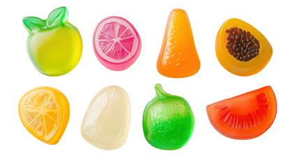  Colorful Fruit-Shaped Gummy Candies on Transparent Background