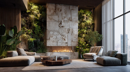 Modern living room design, blending natural elements with urban views, creating a cozy and stylish ambiance