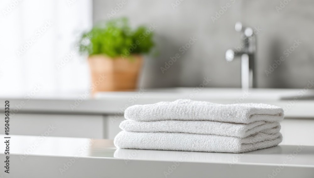 Poster stack of white towels in bright bathroom, emphasizing cleanliness for home improvement and interior 