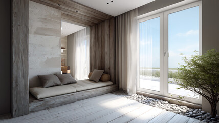 Modern minimalist interior design, comfortable relaxation space