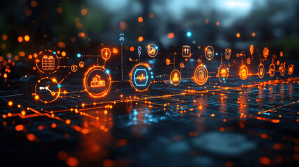 Futuristic digital interface with glowing orange icons representing technology and data processing on dark, reflective surface. scene conveys innovation and connectivity