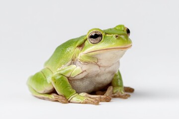 Green Tree Frog Sitting on White Background, Symbolizing Wildlife Conservation and Environmental Awareness Campaign : Generative AI