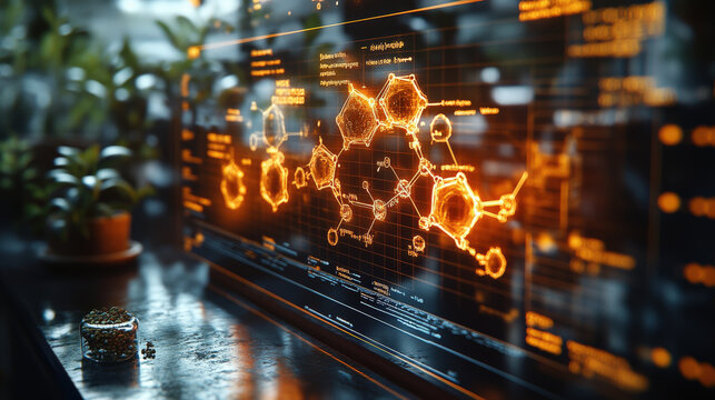 Holographic display shows detailed molecular structure of food, glowing in futuristic lab setting. scene is illuminated with warm orange light, creating high tech atmosphere
