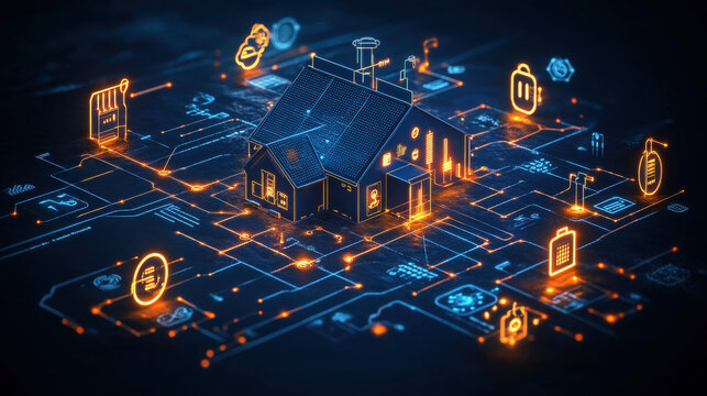 Digital illustration of smart home concept with glowing orange and blue icons representing various technologies and connections. futuristic design highlights energy efficiency and connectivity