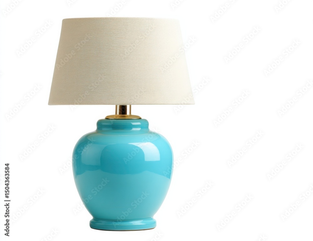Poster turquoise table lamp with cream shade on white background, ideal for home decor and interior design 