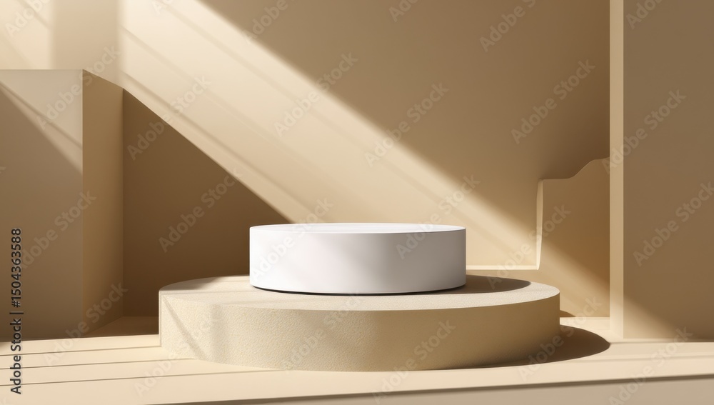 Poster minimalist product display podium in beige tones with sunlight, ideal for e-commerce and online mark