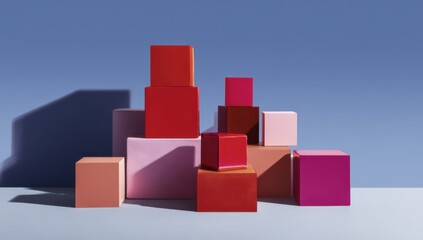 Obraz premium Colorful Geometric Blocks Stacked on Blue Background, Representing Creative Solutions and Modern Minimalism for Product Presentation : Generative AI