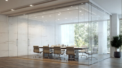 Modern glass conference room, minimalist design, elegant environment