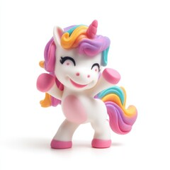 Playful Unicorn Toy Figure With Rainbow Mane on White Background, Symbolizing Childhood Joy and Imagination : Generative AI