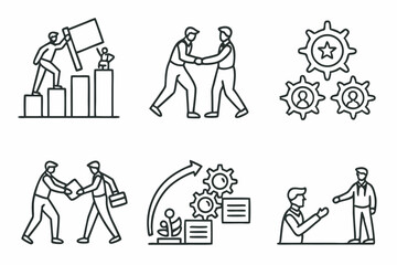 Business success growth and teamwork concept in outline style set of vector illustration