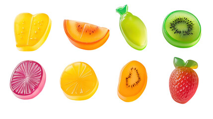  Colorful Fruit-Shaped Gummy Candies on Transparent Background