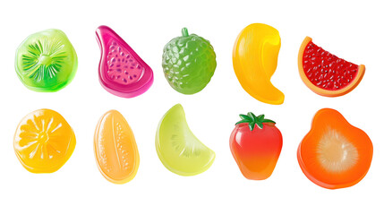  Colorful Fruit-Shaped Gummy Candies on Transparent Background