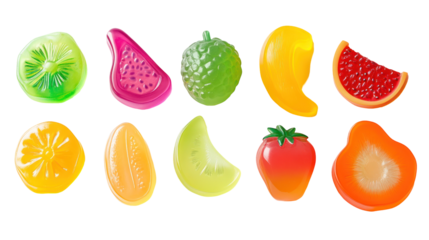  Colorful Fruit-Shaped Gummy Candies on Transparent Background