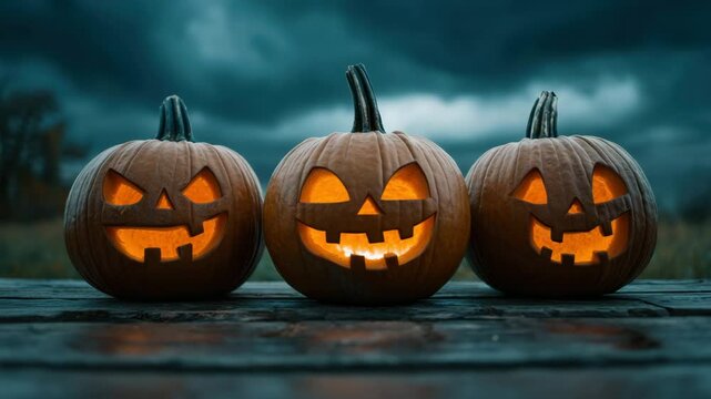 Three glowing carved jack o lantern pumpkins with spooky faces sit on wooden surface under dark cloudy sky creating eerie Halloween atmosphere in autumn night with orange glowing light