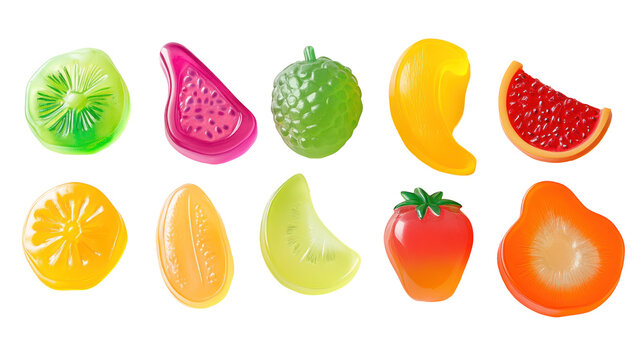  Colorful Fruit-Shaped Gummy Candies on Transparent Background