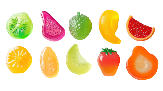  Colorful Fruit-Shaped Gummy Candies on Transparent Background