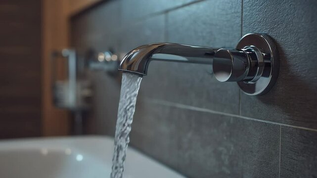 Water runs pours from tap into sink close up. Concept of hygiene, cleanliness. Washing hands. Waste, utility bills. Sleek chrome faucet flowing into modern bathtub. Clean bathroom.