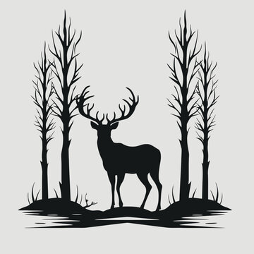 Deer silhouette forest trees antlers nature wildlife animal woodland stag buck outdoors design vector art