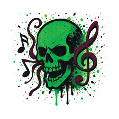 Green skull with music notes and treble clef in watercolor splatter style. Grunge rock illustration with gothic and punk vibes. Vector isolated decorative design on white background.