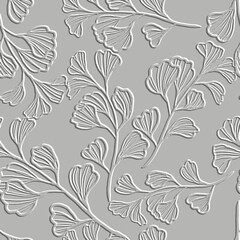 Fototapeta premium Embossed lines 3d floral seamless pattern. Textured beautiful relief flowers background. Repeat emboss vector backdrop. Surface leaves, flowers. 3d line art flowers ornament with embossing effect.
