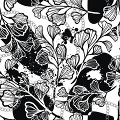 Seamless black and white beautiful floral pattern with hand drawn ginkgo leaves, abstract ink splashes and silver chains. Trendy vector design for textile, fashion and wallpaper. Endless dirty texture