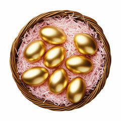 Golden eggs in wicker basket with pink filler, top view, isolated on white background.