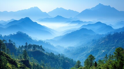 Misty blue mountain range landscape. (1)