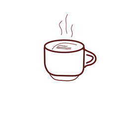 A minimalist drawing of a steaming hot mug, outlined in dark red on a white background.