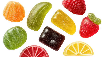  Colorful Fruit-Shaped Gummy Candies on Transparent Background