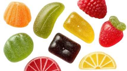  Colorful Fruit-Shaped Gummy Candies on Transparent Background