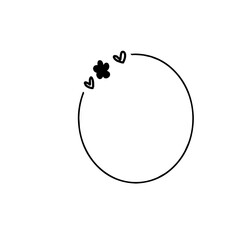 A simple black circular frame adorned with two small hearts and a four-petal flower doodle.