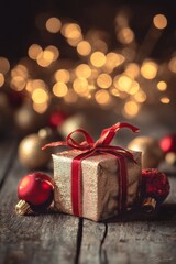 Festive Golden Gift Box With Red Ornaments and Sparkling Lights During Holiday Season