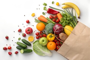 Fresh fruits and vegetables overflowing from a brown paper grocery bag