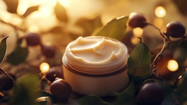 A jar of cream is sitting on a table with some leaves and berries around it. The jar is half full and the cream is white. The leaves and berries give the scene a natural and earthy feel